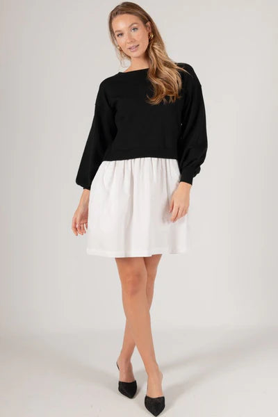 Knit Sweater & Poplin Contrast Long Sleeve Dress- Black