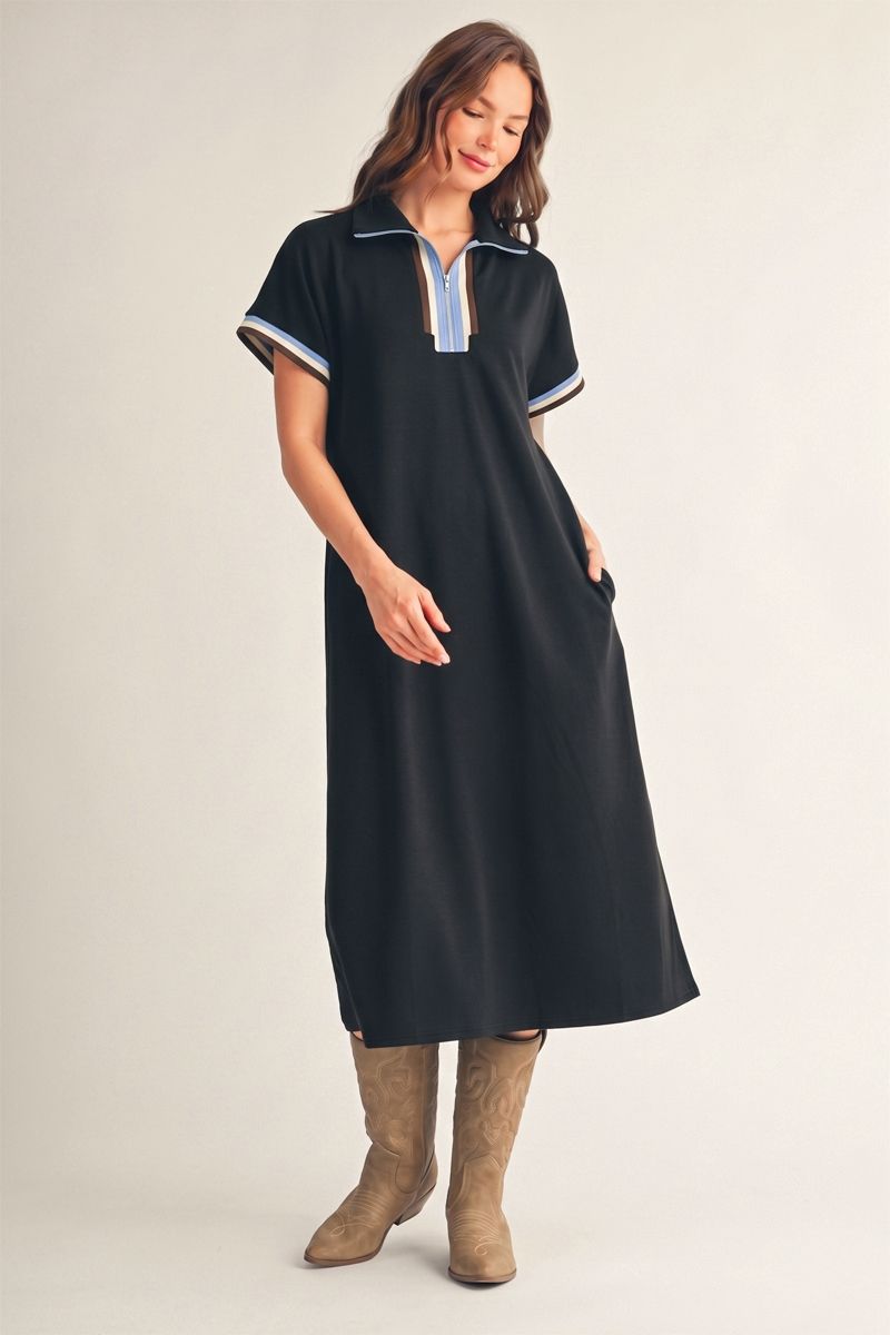 Drop Shoulder Front Zip Up Solid Midi Dress