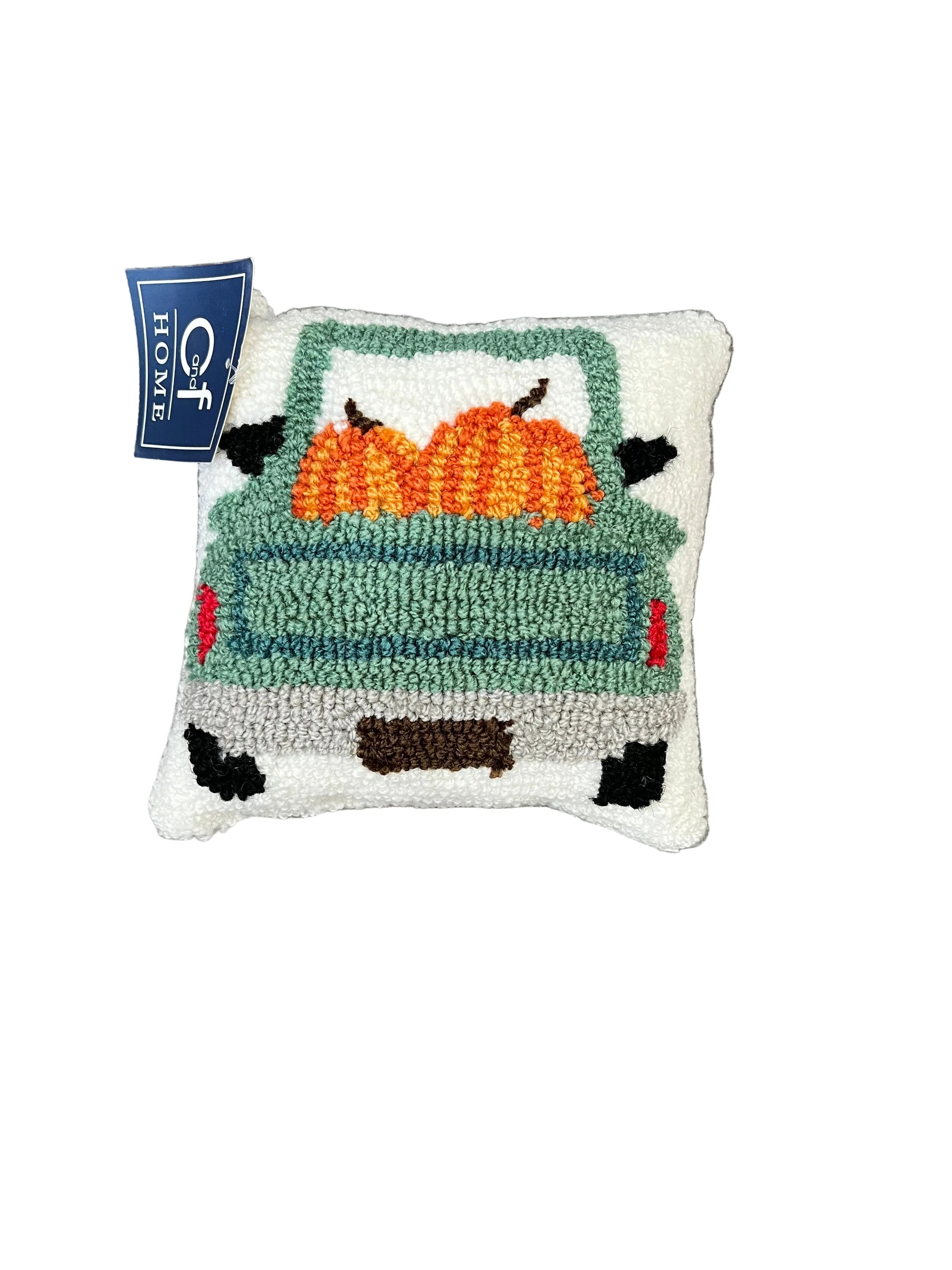 Pumpkin In Blue Truck Hooked Pillow