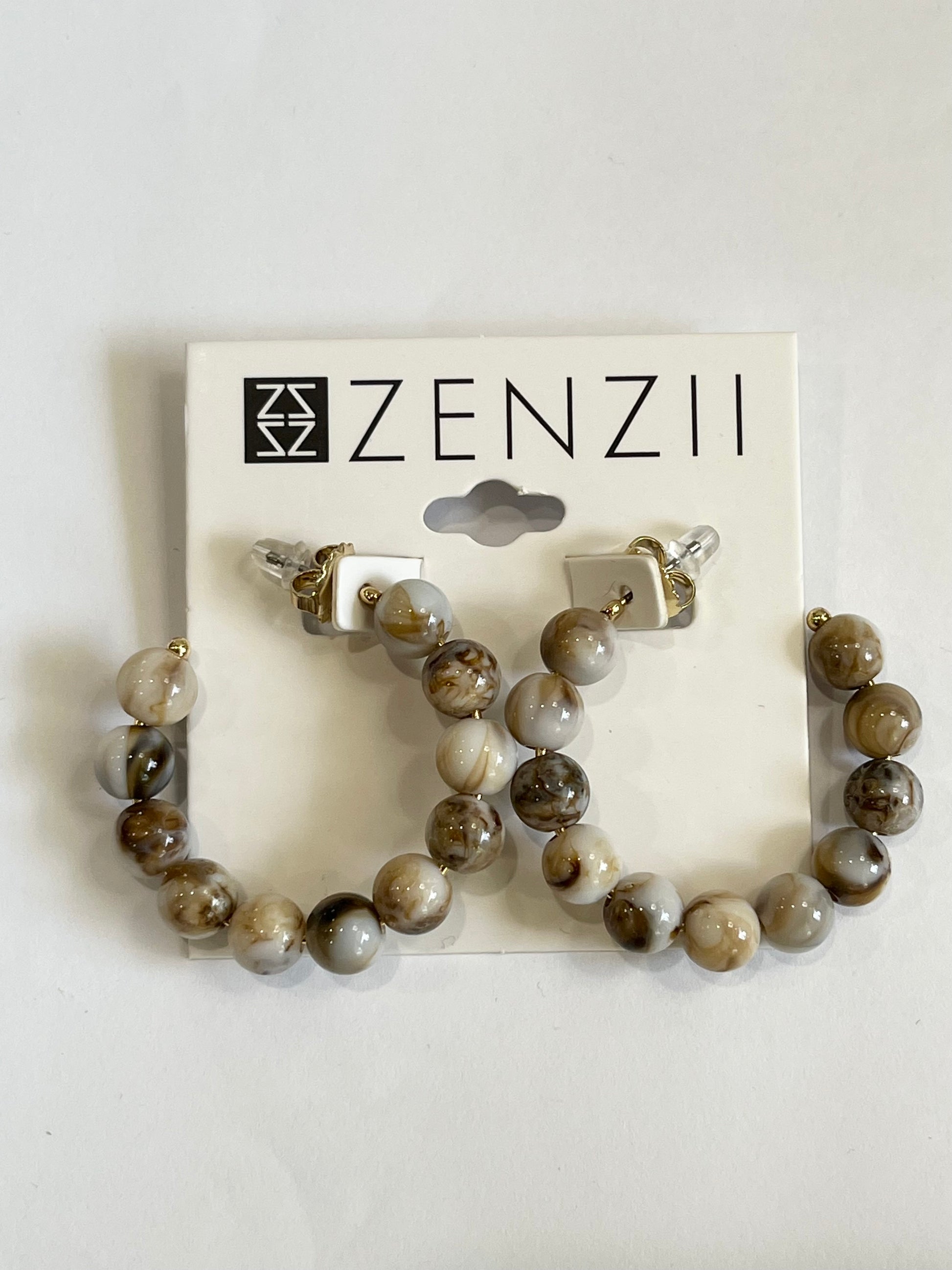 Marbled Beaded Hoop Earring Beige