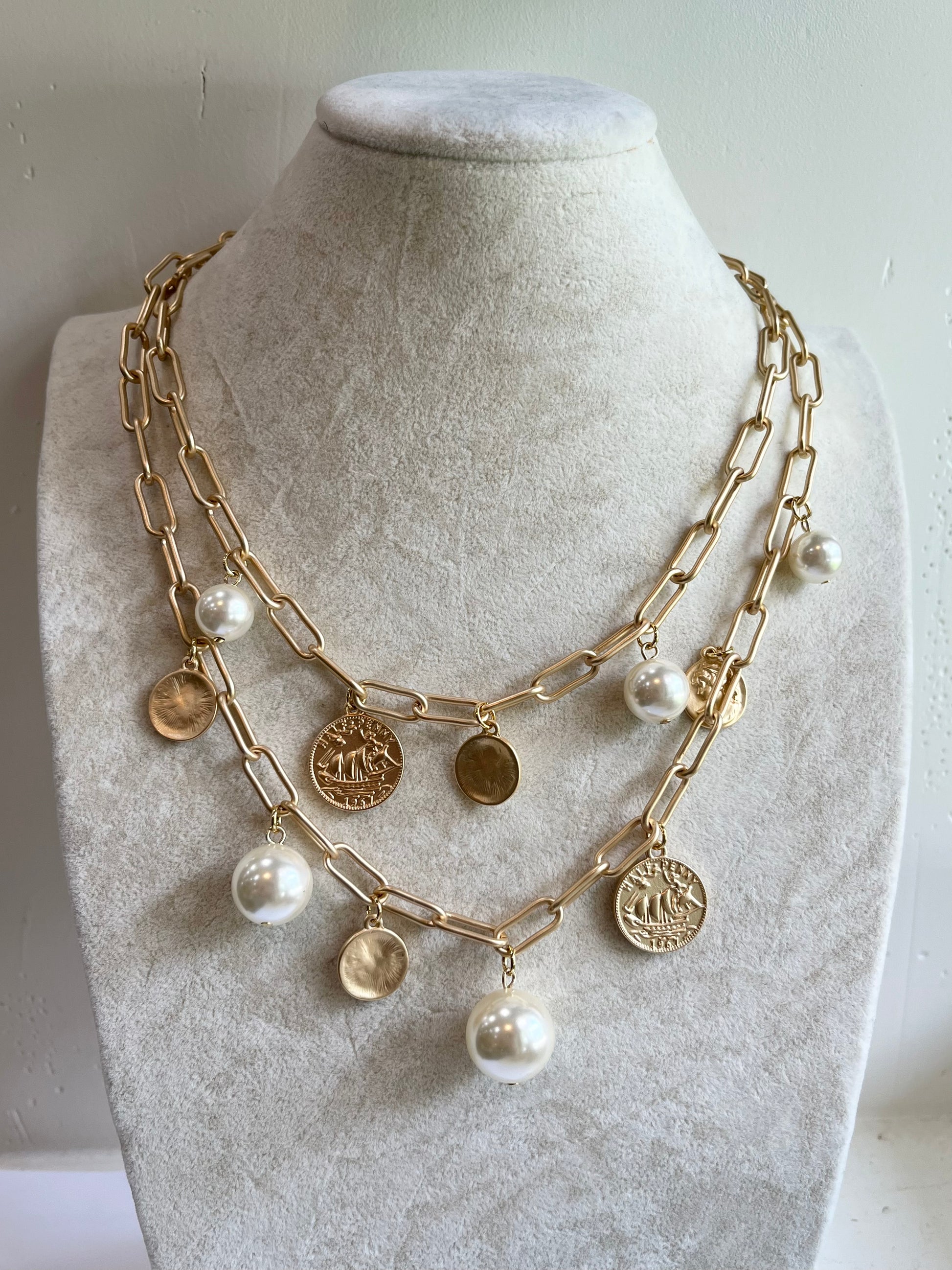 Pearls and Coins Charm Layered Necklace