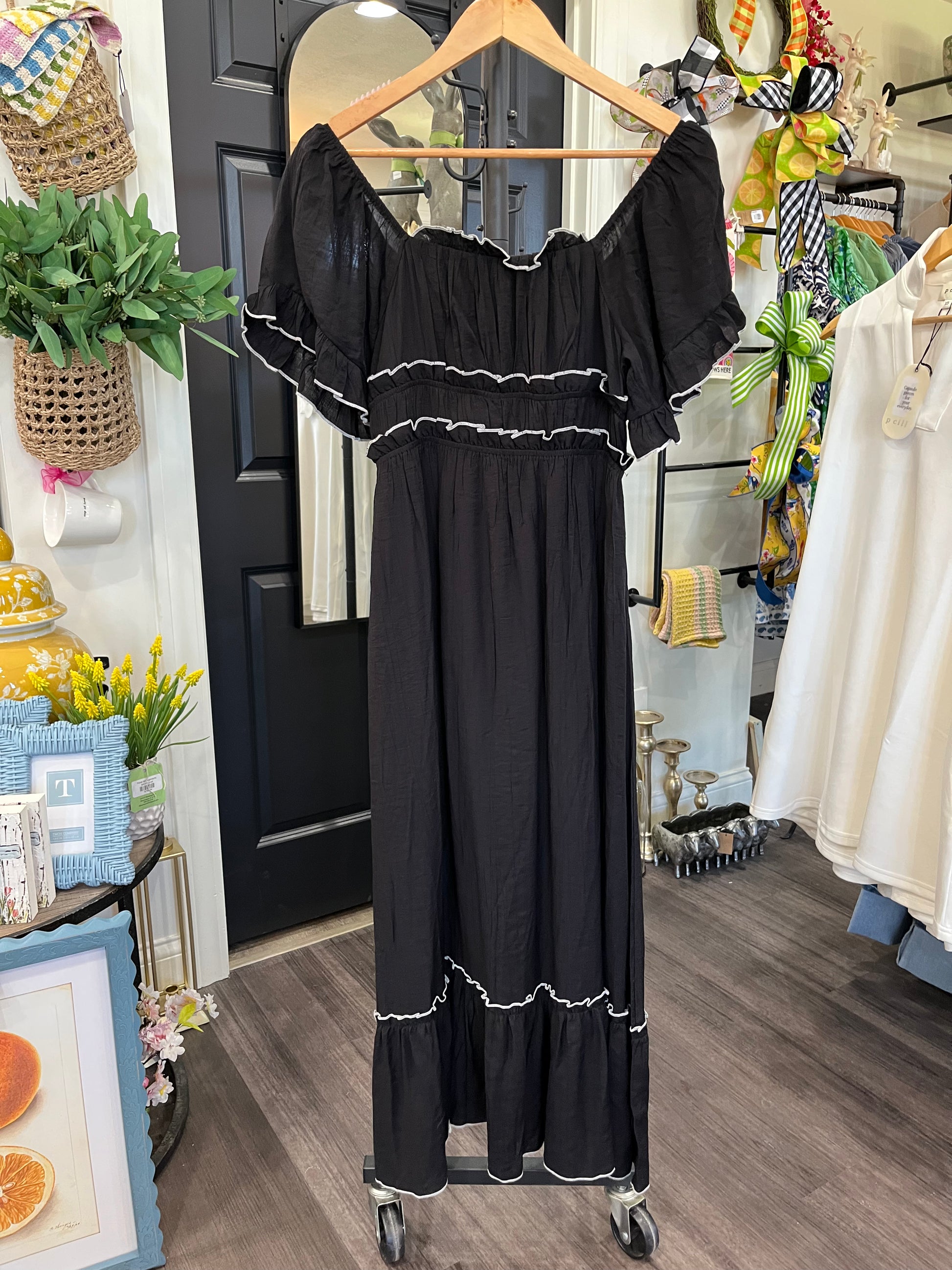 Lydia Tiered Maxi Dress with Flutter Sleeves- Black