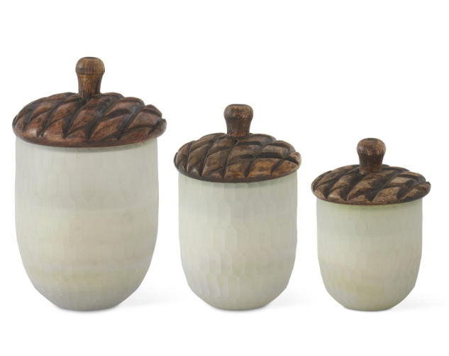 Frosted glass acorn filled candle with wood lid