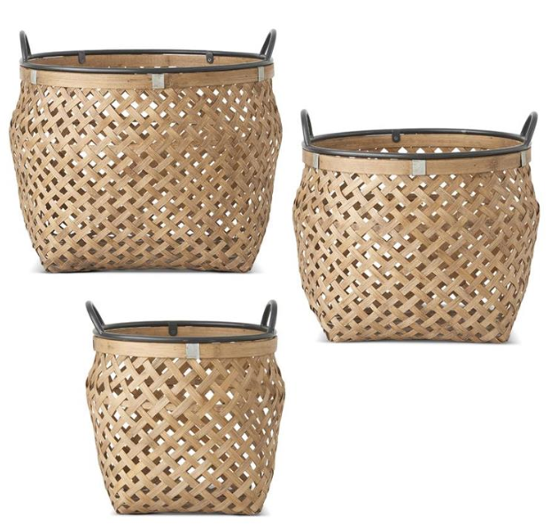 Round bamboo baske weave baskets with metal trim and handles