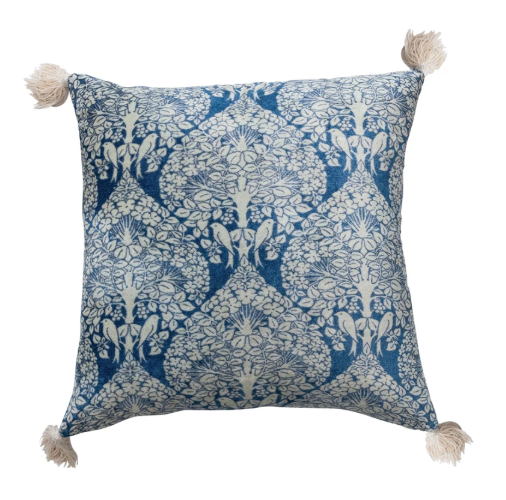 18" Square Cotton Blend Velvet Printed Pillow with Tassels