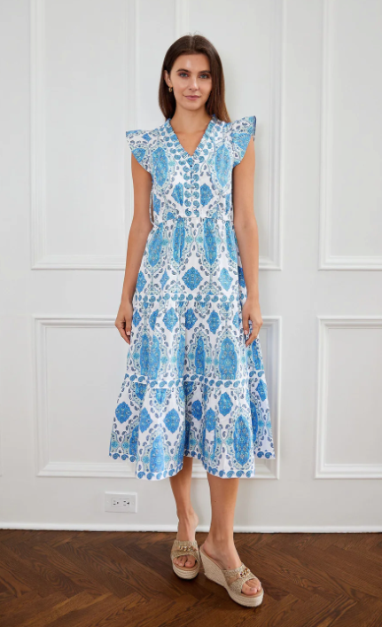 Paisley Cinched Waist Flutter Midi