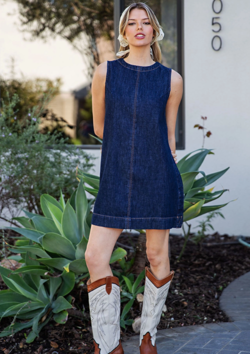 Denim Sleeveless Exposed Seam Mini Dress