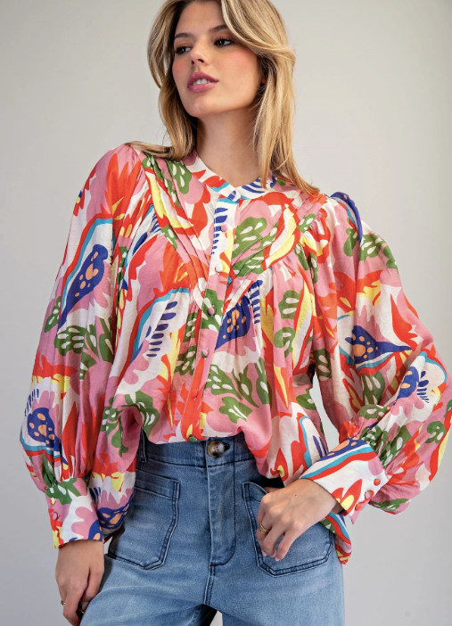 Abstract Printed Button Down Blouse