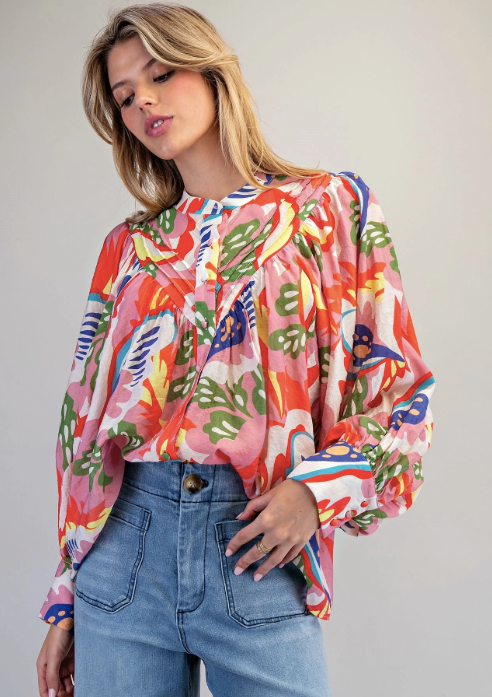 Abstract Printed Button Down Blouse