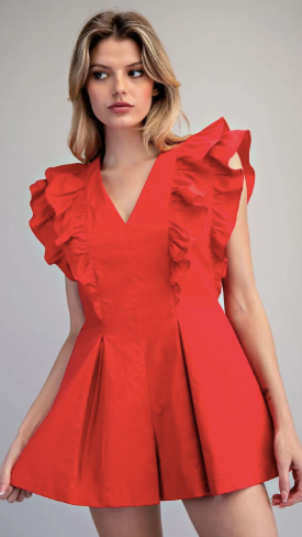 Solid Ruffled V-Neck Pleated Romper