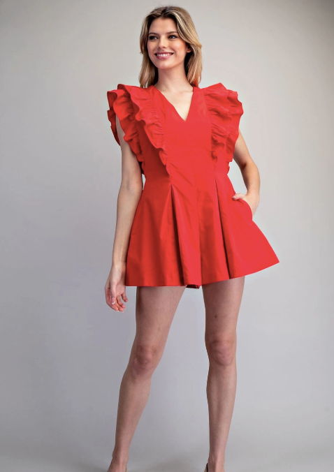 Solid Ruffled V-Neck Pleated Romper