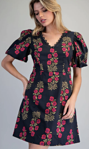 Floral Print Lace V-Neck Trim Mini Dress