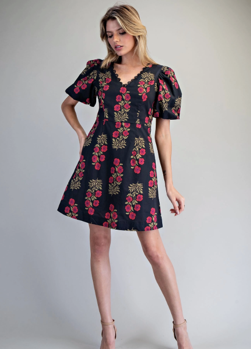 Floral Print Lace V-Neck Trim Mini Dress