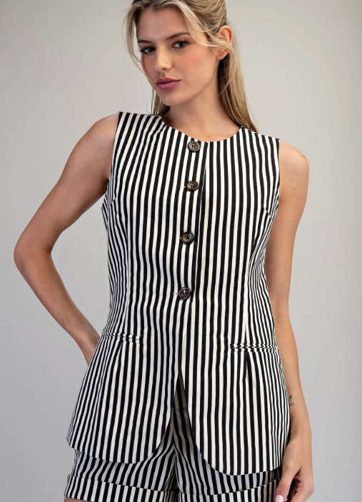 Striped Button Down Sleeveless Vest