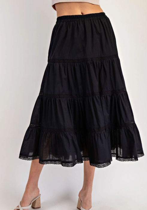 Tiered Lace Trim Midi Skirt