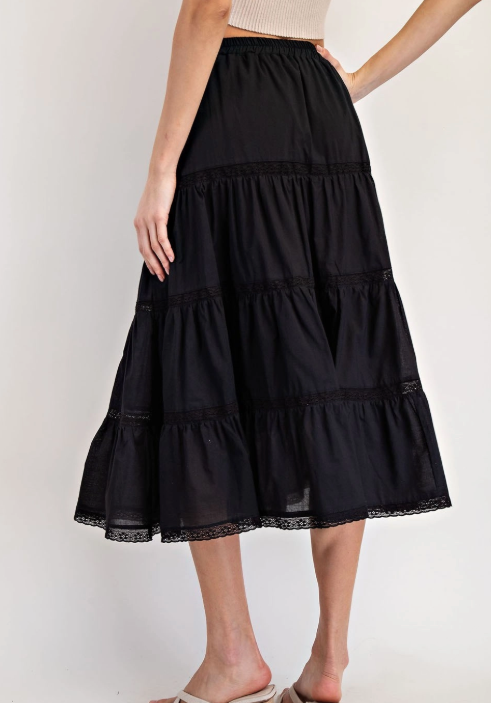 Tiered Lace Trim Midi Skirt