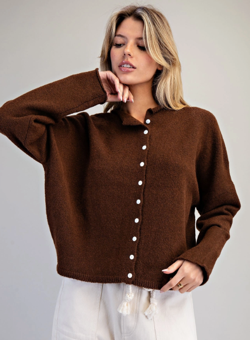 Solid Button Down Long Sleeve Cardigan
