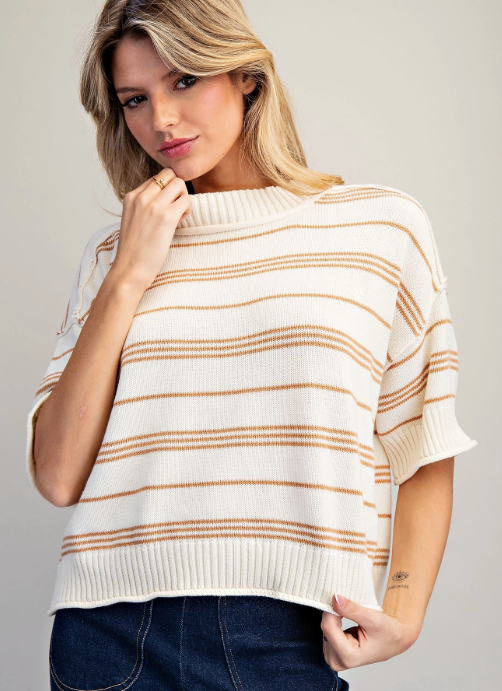 Striped Short Sleeve Ribbed Sweater Top