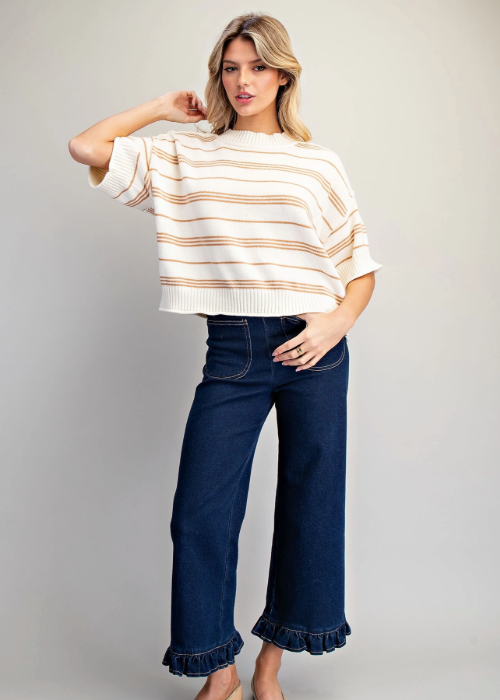 Striped Short Sleeve Ribbed Sweater Top