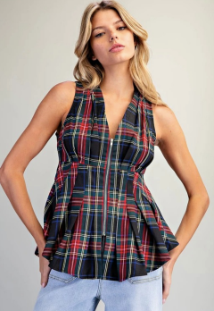 Plaid Zip Front Pleated Top