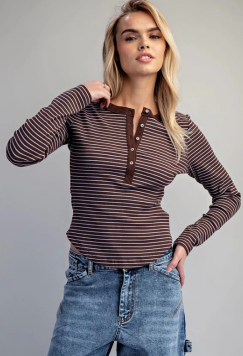 Striped Henley Long Sleeve Top