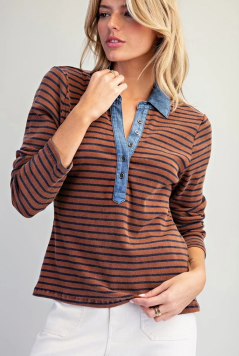 Striped Denim Contrast Knit Top