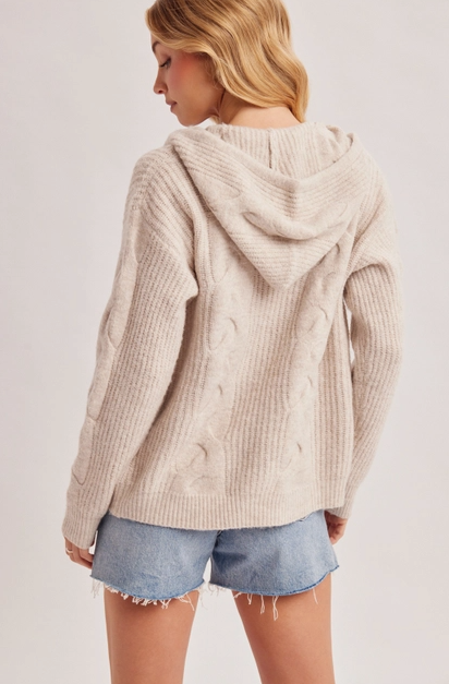 ZIP-UP CABLE KNIT SWEATER CARDIGAN WITH HOOD | OATMEAL