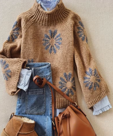 Floral Knit Sweater Women Ribbed Pattern