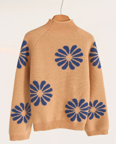 Floral Knit Sweater Women Ribbed Pattern