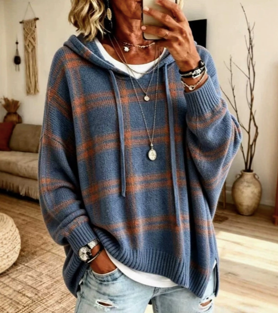 Women's Plaid Hooded Oversized Knit Pullover Sweater