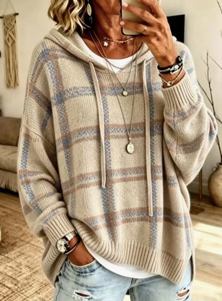 Women's Plaid Hooded Oversized Knit Pullover Sweater