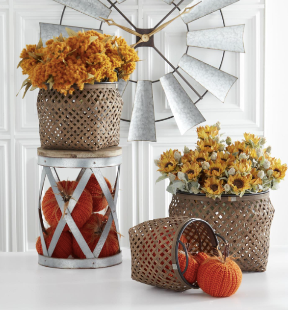 Round bamboo baske weave baskets with metal trim and handles
