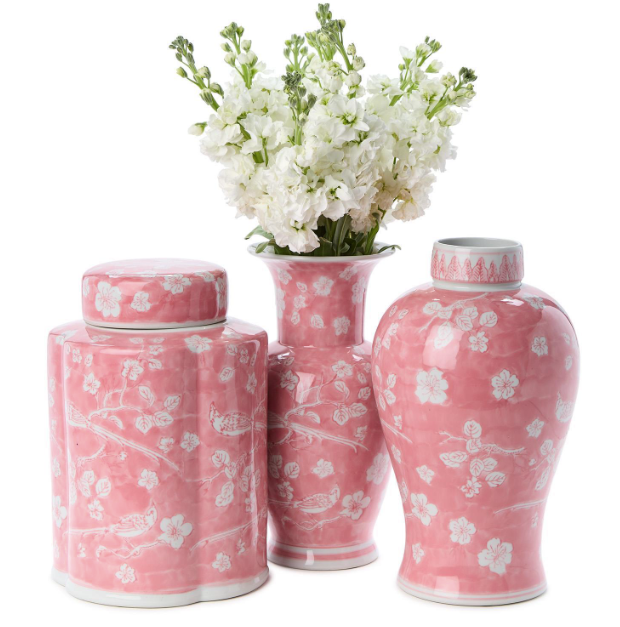 Hand-Painted Pink Chinoiserie Jars