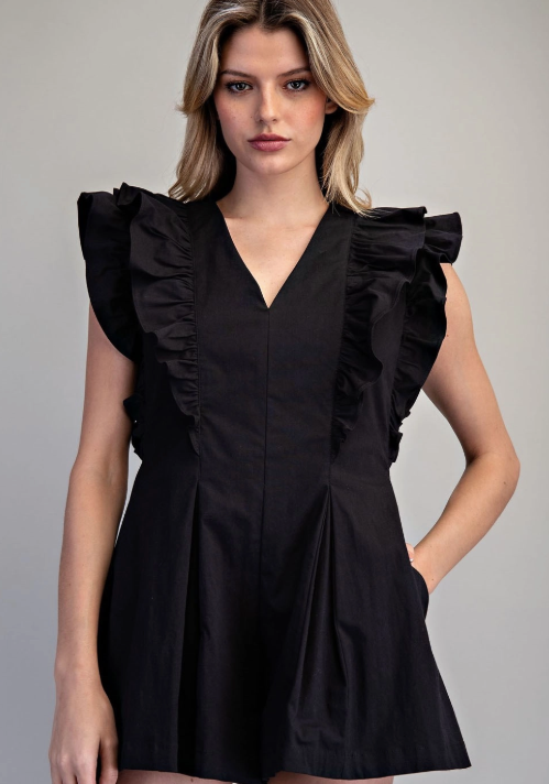 Solid Ruffled V-Neck Pleated Romper
