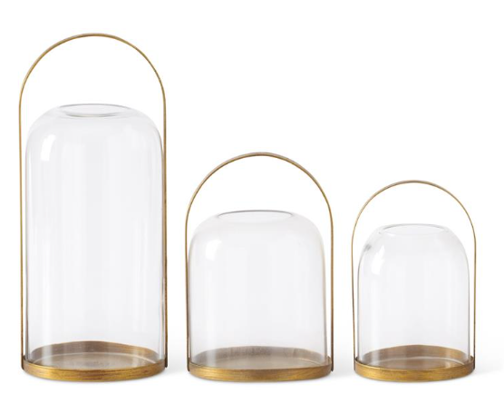 Round Gold Metal Lantern Candleholders w/Glass Domed Hurricanes