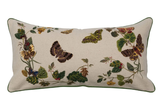24" x 12" Cotton Lumbar Pillow w/ Butterflies & Flowers