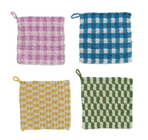 Cotton Crocheted Pot Holder with Check Pattern