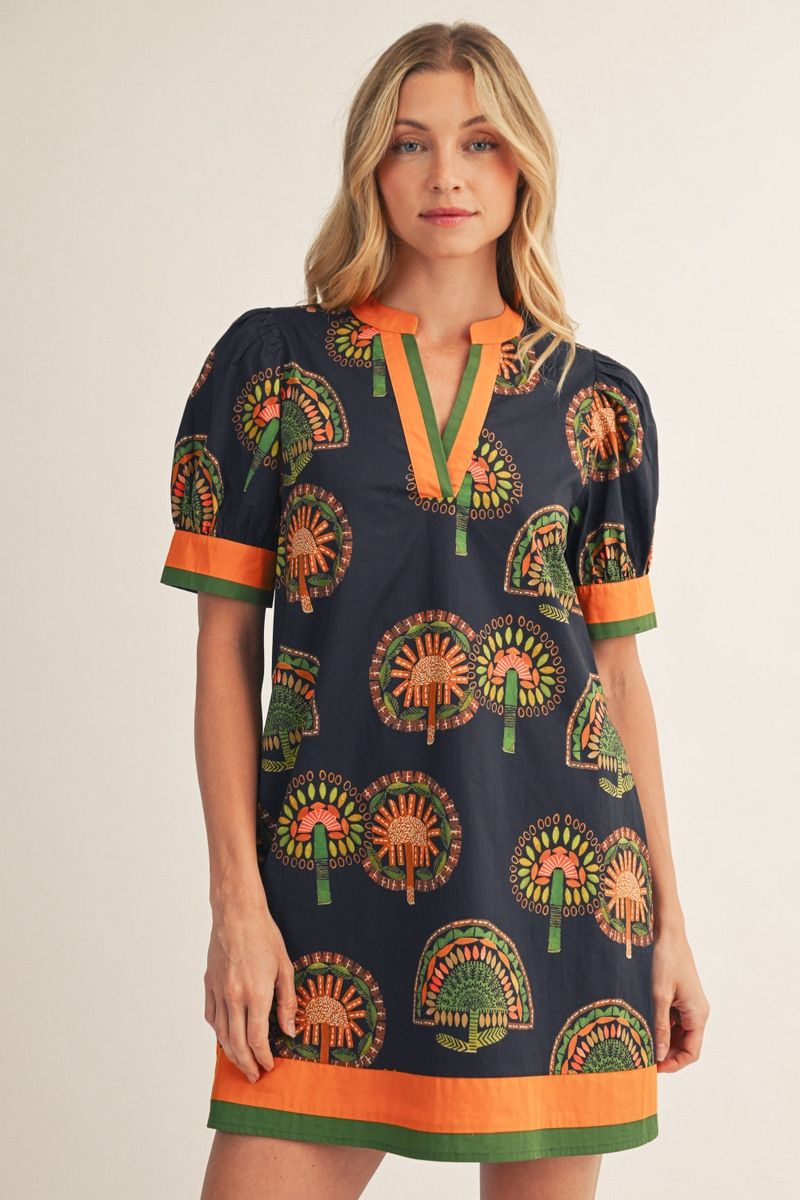Short puff sleeves boho floral shift dress