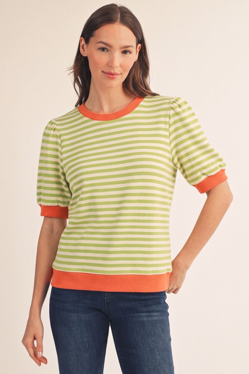 Short puff sleeves stripe top