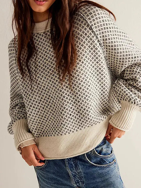 Jacquard Round Neck Pullover Sweater